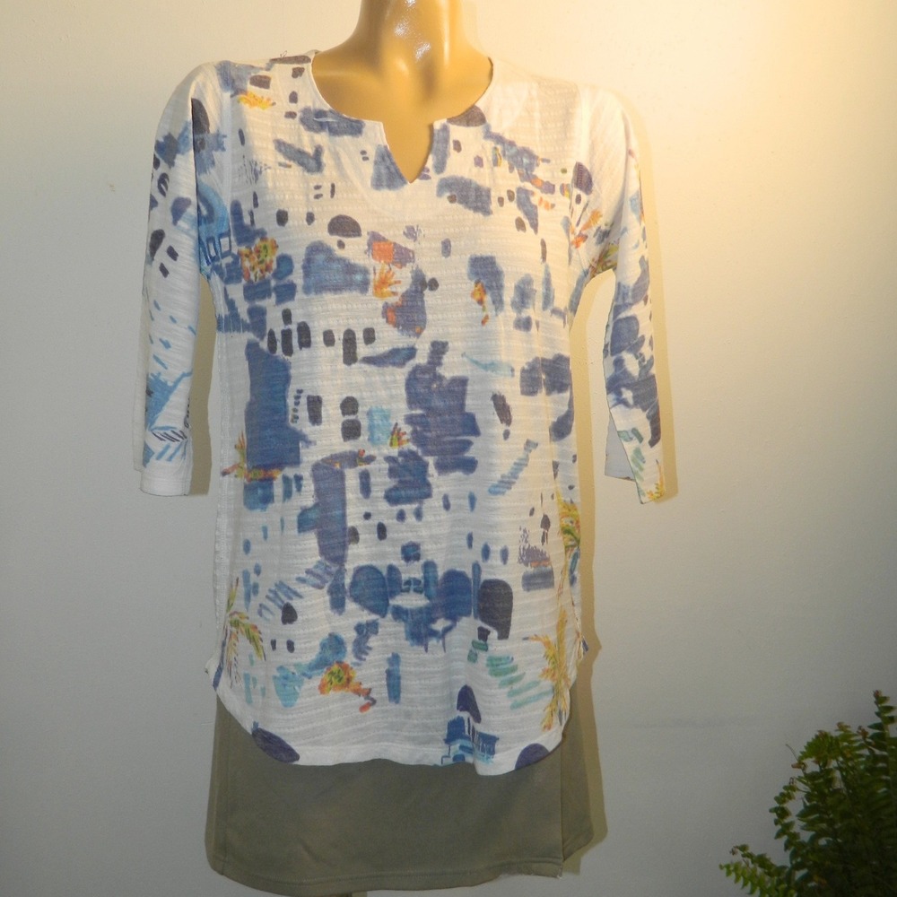 Atelier5 Tunic Top Women Small White Blue Santorini Print 3/4 Sleeve Slub Knit